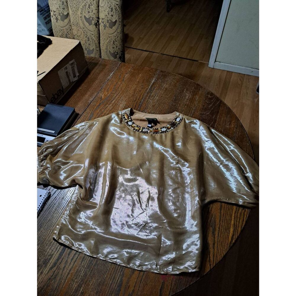 New Medium Tracy Porter Silk Gold Batwing Stone Gemstone Embellished Blouse